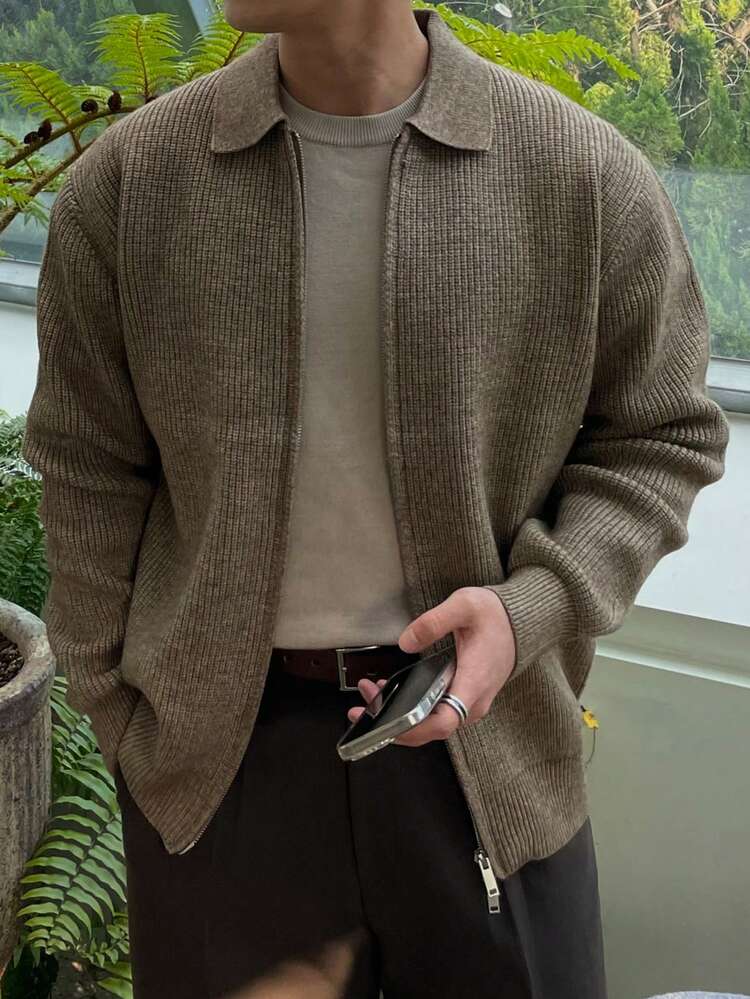 Men's Brown Cardigan Sweater With Turndown Collar And Double Zipper Design, Autumn/Winter