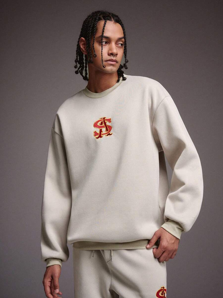 STYNVO 男士字母刺绣圆领长袖休闲套头卫衣和运动裤套装 - 杏色 - 查看 1