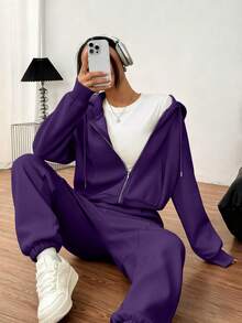 INAWLY 女士纯色连帽抽绳卫衣和裤子两件套 - 紫色 - 查看 4