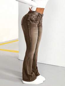 SHEIN PETITE Women's Casual Fashion Street Chic Daily Commute Washed Ombre Flare Jeans - Coffee Brown - View 2