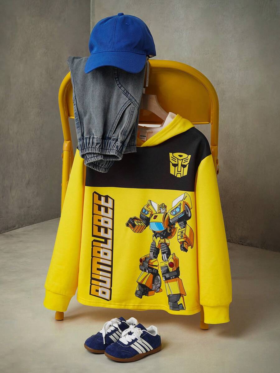 Transformers X SHEIN 青少年男童休闲酷炫机器人印花图案卫衣，长袖插肩针织衫，黄色