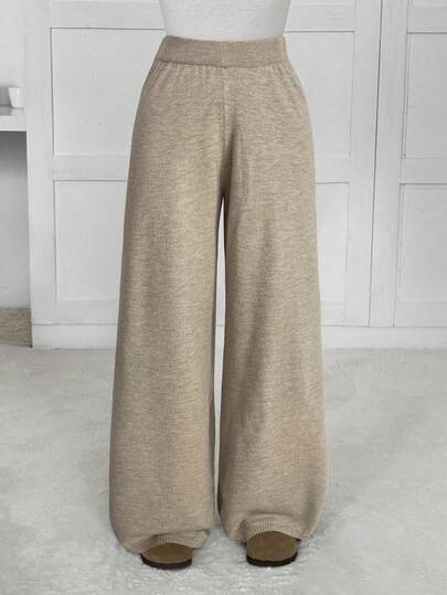 SHEIN EZwear 女士纯色弹力腰阔腿休闲针织裤，秋冬款