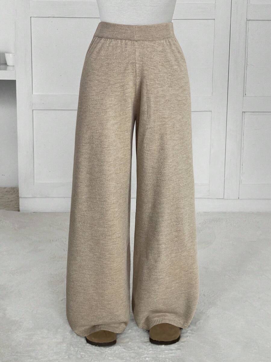 SHEIN EZwear 女士纯色弹力腰阔腿休闲针织裤，秋冬款 - 卡其色 - 查看 1
