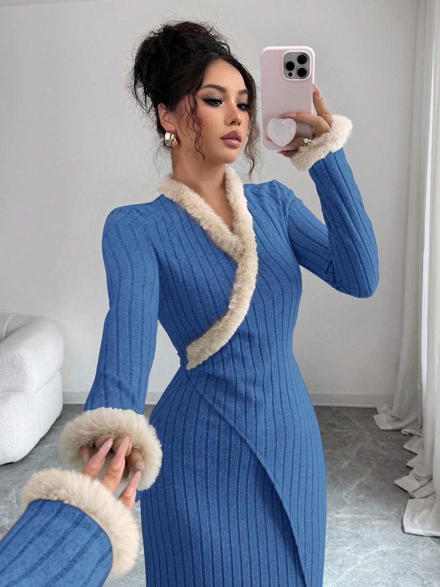 Elenzga Women's Elegant Fashion Commuter Casual Comfortable Charming Retro Gentle Romantic Long Sleeve Patchwork Fuzzy Cuff & Collar Decor Waist Fitted Solid Color Dress