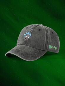 Rick and Morty X SHEIN 可调节白色棒球帽，带有卡通人物刺绣 - 水洗黑色 - 查看 1