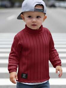 Baby Boy/Girl Basic High Neck High Elasticity Ribbed Brushed Thermal Fitted Long Sleeve Top, Suitable For Winter Layering - Burgundy - View 8
