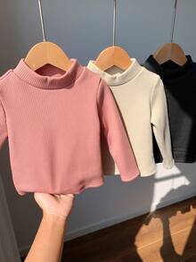 3件套女婴纯色针织荷叶边长袖上衣，加厚保暖内衬，适合秋冬季穿着 - 彩色 - 查看 4