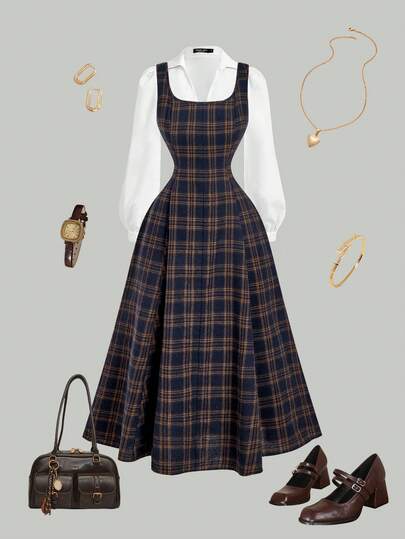 SHEIN MOD Women's Dark Blue Plaid Crew Neck,Plaid,Winter,Women's Beach Fashion ,Thanksgiving,Preppy,Office,Work Dress, Plaid Dress Women, Picnic Dress For Woman, Square Neck Dress,