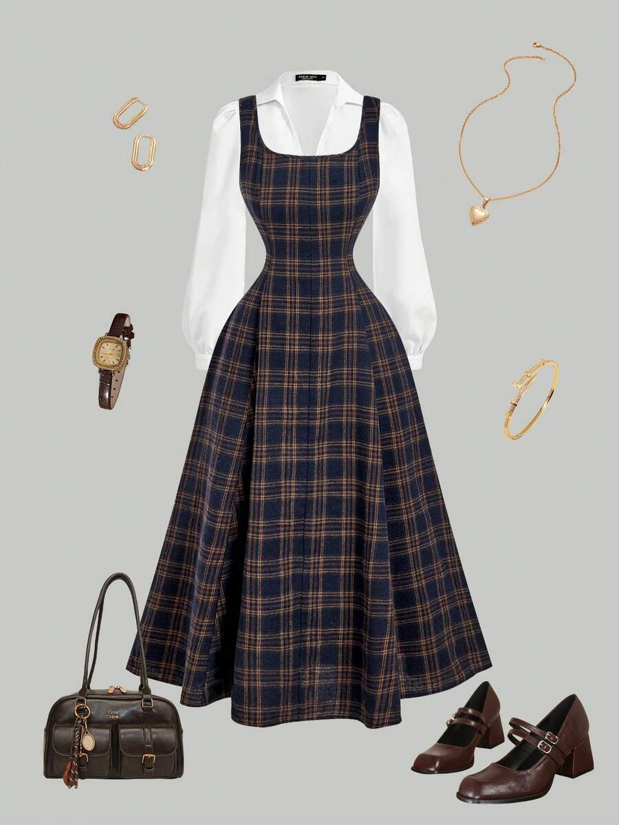 SHEIN MOD Women's Dark Blue Plaid Crew Neck,Plaid,Winter,Women's Beach Fashion ,Thanksgiving,Preppy,Office,Work Dress, Plaid Dress Women, Picnic Dress For Woman, Square Neck Dress, - Multicolor - View 1