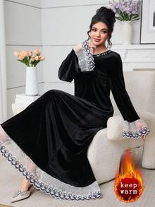 Al Najma 女士天鹅绒水钻荷叶边A字优雅时尚连衣裙，秋冬款 - 黑色 - 查看 1