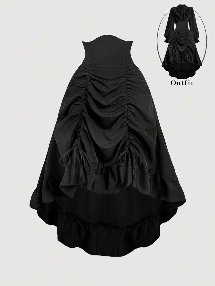 SHEIN MOD Saia Assimétrica de Cintura Alta, Cós de Cintura Alta, Bainha Frontal Pregueada, Comprimento Ajustável, Acabamento Franzido, Design Reversível, Cintura Traseira Franzida, Preto, Vintage, Retrô - Preto - Visão 1