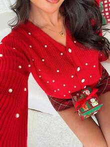 Chiquease Cardigan en tricot à col V unicolore pour femmes Islaluna, manches longues, élégant et décontracté, orné de perles et de boutons personnalisés, avec des détails artisanaux, convient pour le travail, les vacances, les événements décontractés et les fêtes