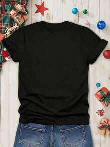 EMERY ROSE Christmas Fashionable Print Regular-Shoulder Fitted Short Sleeve T-Shirt For Women - Multicolor - View 2