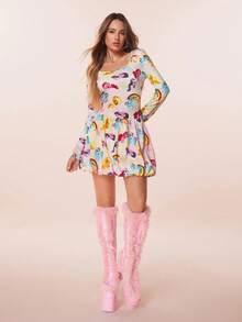 My Little Pony X SHEIN 女士卡通彩虹印花渐变方领泡泡下摆短裙 - 彩色 - 查看 5