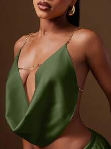 Denimoi Satin Backless Gold Chain Strap Cowl Neck Halter Top GNO Date Night Outfits Dinner Outfits - Olive Green - View 4