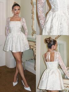 Glamine Charm Váy ngắn Jacquard cổ vuông dệt ren tay dài tối giản thanh lịch màu trắng ngà, phù hợp cho tiệc trà, tụ tập, mặc hàng ngày - Màu be - Xem 1