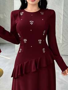 Feyla 女士水钻装饰纯色简约长袖连衣裙，日常穿着 - 酒紅色 - 查看 6