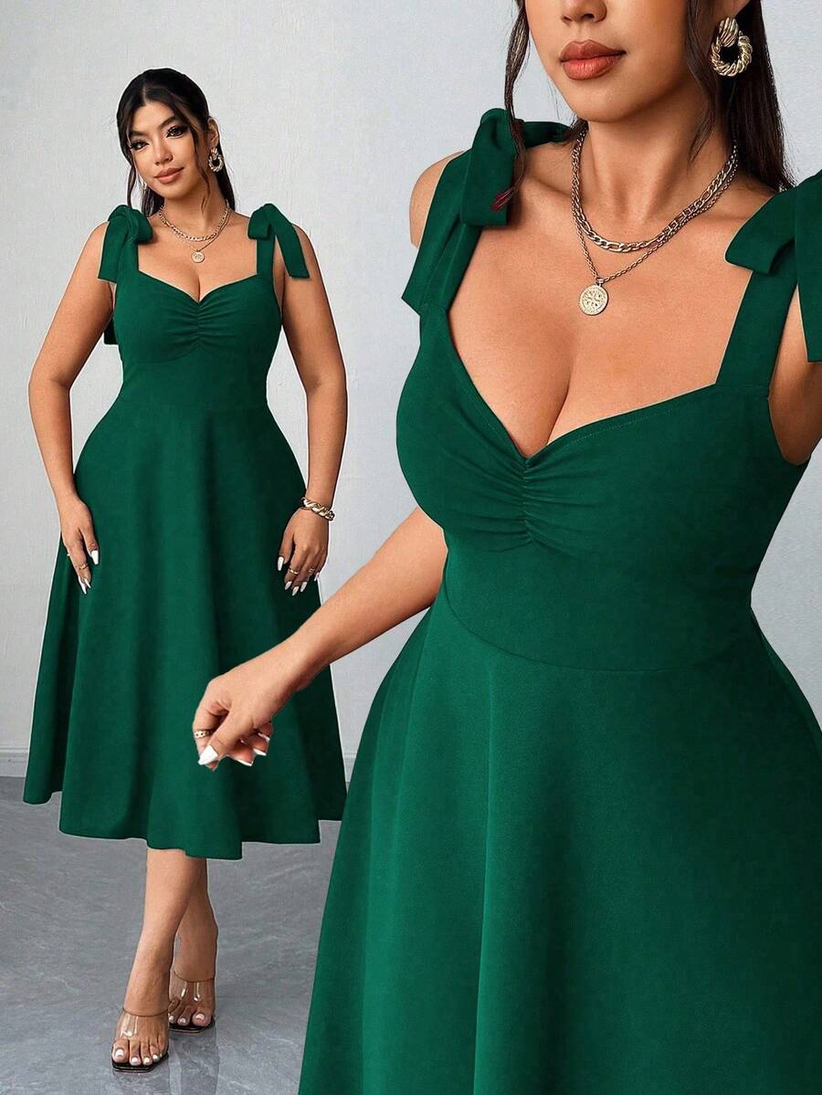 Elenzga Plus Size V-Neck Ruched Waist Slit Elegant Romantic Dress For Women Green St Patricks Day St Patrick's Day - Dark Green - View 1