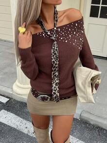 Siren Gaze Casual Fashionable Sexy Off Shoulder Long Sleeve Women Sweater Winter Brown - Brown - View 3
