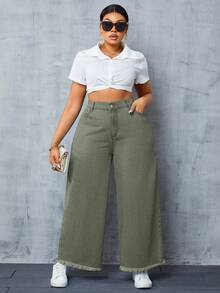 SHEIN SXY 大码女式时尚毛边阔腿裤 - 軍綠色 - 查看 3