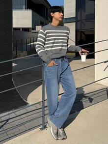 DAZY Men's Gray Striped Crew Neck Sweater, Autumn - Grey - View 5