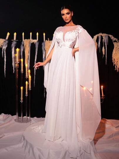 Glamrae Elegant Grecian Style Romantic White Sleeve Pleated Side Sheer Back Adjustable Tie A-Line Flowy Dress, Suitable For Beach, Lawn, Outdoor, Church And Various Occasions, Women's Wedding, Formal, Cocktail Dress