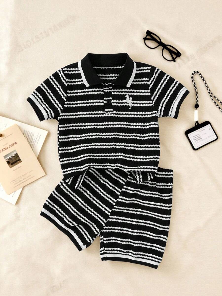 SHEIN Explorewe 男童条纹Polo衫套装，柔软舒适，适合居家、户外和休闲穿着。 - 彩色 - 查看 1