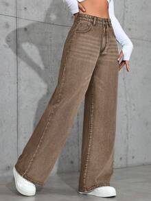 SHEIN ICON Women's Casual Everyday Washed Slant Pocket Loose Fit Denim Jeans - Brown - View 5