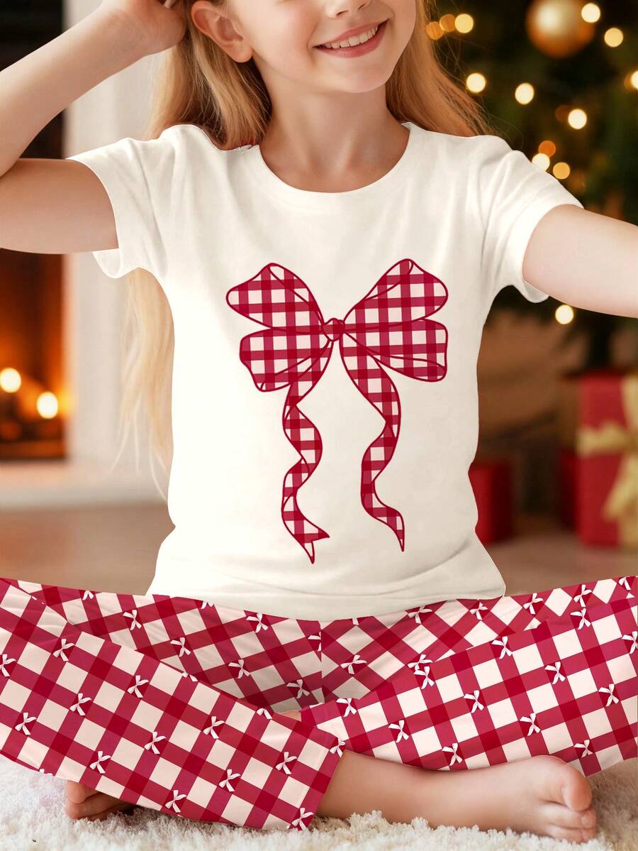 红色圣诞系列,复古驯鹿、圣诞树、雪花、雪人印花,少女休闲舒适柔软短袖睡衣套装,贴身剪裁,圣诞睡衣派对,女童睡衣套装,红色圣诞睡衣,贴身单件睡衣,短袖贴身两件套睡衣,圣诞睡衣,新年睡衣 - 彩色 - 查看 1