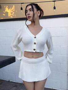 Andrea Bello White Lantern Sleeve Button Front Rib Knit Cardigan,Off The Shoulder Sweater In Fall/Winter - White - View 6