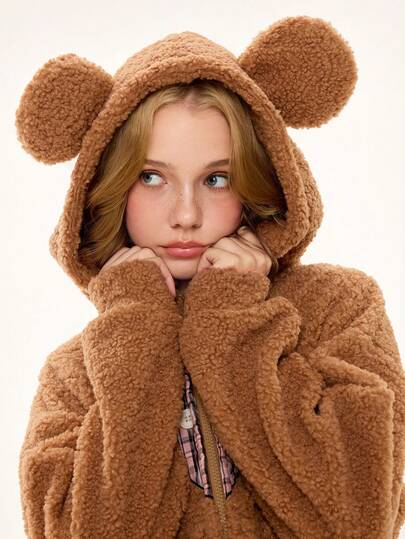 Kawaii Women's Casual Drop Shoulder Zip-Up Hooded Plaid Faux Fur Jacket With Bear Ears, Autumn/Winter