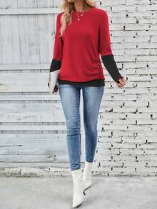 SHEIN LUNE 女士休闲撞色拼接二合一T恤，秋季图案T恤女式上衣 - 彩色 - 查看 6