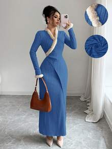 Elenzga Women's Elegant Fashion Commuter Casual Comfortable Charming Retro Gentle Romantic Long Sleeve Patchwork Fuzzy Cuff & Collar Decor Waist Fitted Solid Color Dress