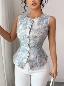 Elenzga 大码女式圆领无袖刺绣花卉仿珍珠纽扣前襟收腰优雅法式休闲衬衫 - 藍色 - 查看 6