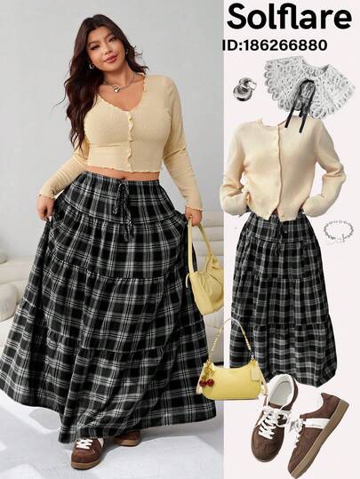 Solflare 加大码黑白格子复古半身裙