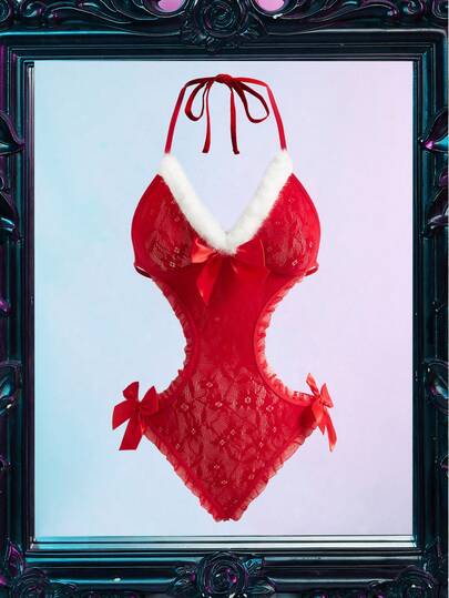 圣诞主题镂空针织毛衣，饰有可爱蝴蝶结蕾丝边，毛茸茸的连体衣，节日装扮