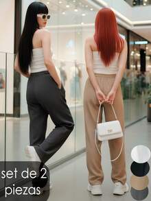 Kit de 2 pantalones de pierna amplia para mujer, multicolor, tela de algodón y poliéster, aptos para temporadas de primavera y verano, ajuste de cintura natural, sin bolsillos. Frescos, ligeros y cómodos. Pequeño broche metálico y cadenilla decorativos. Te llegarán 2 pantalones en colores al azar. - Multicolor - Ver 4