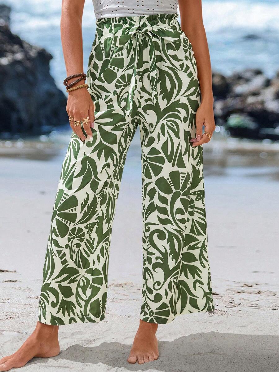 Sylviya Women's Leaf Pattern Drawstring Waist Casual Long Pants, Suitable For Spring And Summer Beach Vacation Outfits Suitable For Going Out Fall Clothes Winter Clothes - Multicolor - View 1