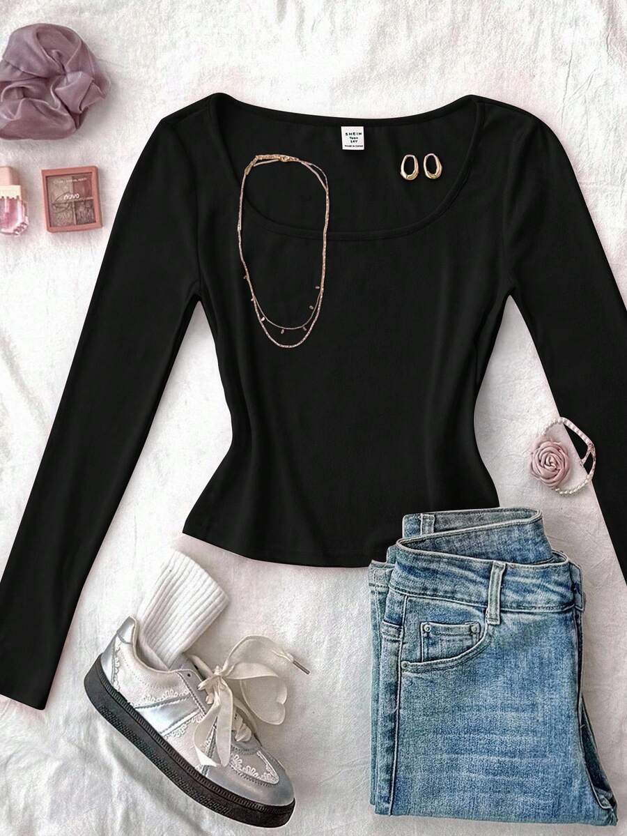 SHEIN Teen Girls' Solid Color Crew Neck Fitted Casual Cropped Long Sleeve T-Shirt Winter Long Sleeve Tops - Black - View 1