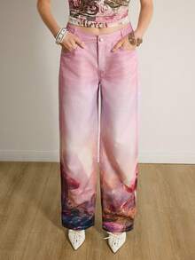 Shutterstock Y2Kool 女士冬季新年修身Y2K性感休闲牛仔裤，复古蘑菇、风景、日落和未来主义图案印花，可爱波西米亚风印花裤，嬉皮风女裤，夏季女裤，阔腿辣妹风花朵牛仔裤，粉色裤，春季女装，生日女装，嘉年华女装 - 粉色 - 查看 6
