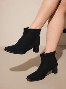 CUCCOO CURVES Fashionable Versatile Casual Retro Wide Fit High Heel Back Zipper Ankle Boots, Suitable For Daily Wear, Autumn/Winter - Black - View 1