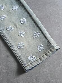 ROMWE MEN Street Life Quần jean skinny nam co giãn, họa tiết thêu hoa. - Rửa trung bình - Xem 9