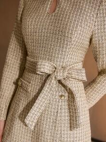 MOTF PREMIUM TWEED GLITTER KEYHOLE NECK CONTRAST PLEATED HEM BELTED SHORT DRESS - Gold - View 2