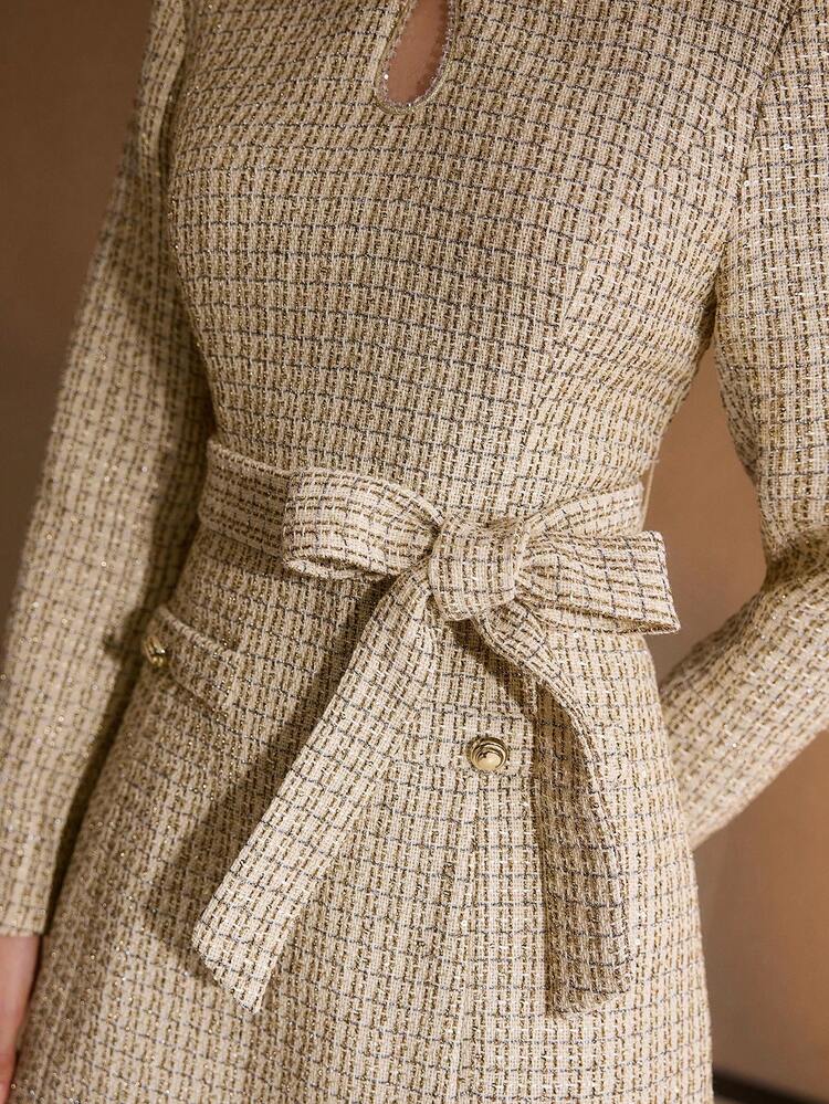TWEED GLITTER KEYHOLE NECK CONTRAST PLEATED HEM BELTED SHORT DRESS