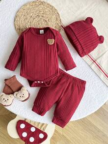 3件套男婴可爱小熊印花按扣裆长袖连体衣、松紧腰红色裤子+可爱帽子，舒适秋冬套装 - 紅色 - 查看 4