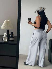 POPSWAY Calça de Moletom Casual Estilo Universitário Punk Y2K Estampa de Leopardo Cinza Claro Plus Size, Outono - Cinza - Visão 2