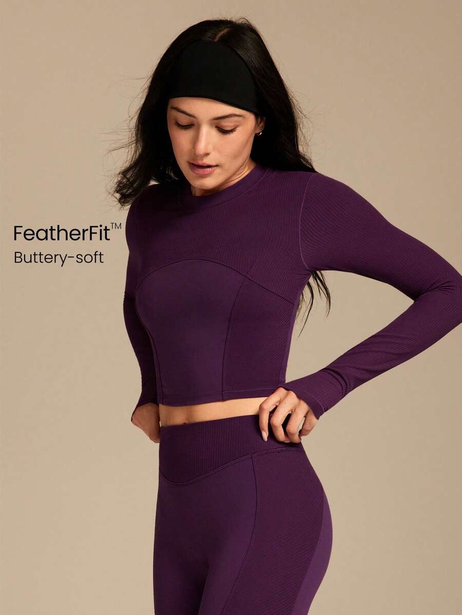 GLOWMODE FeatherFit™ Soft Stretchy Ribbed Seam-Dividing Design Long-Sleeve Tee Top Low Impact Yoga Pilates Studio Daily Casual Wear Removable Cups Spring Summer - Bold Plum - View 1