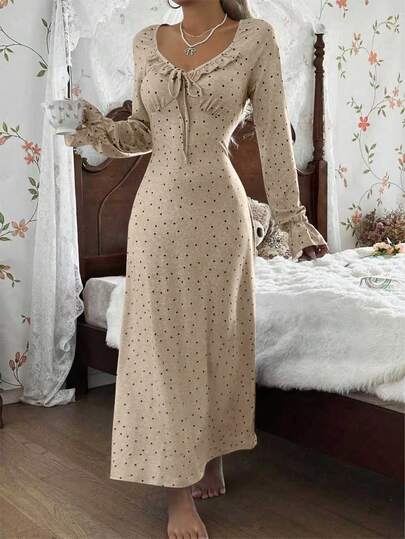 CottageSlumber French V-Neck Ruffle Hem Patchwork Black Polka Dot Print Grey Long Nightgown Vintage Dresses For Woman Dresses For Women, Winter