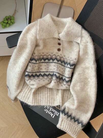 Resyla Women's Autumn/Winter New Arrival Korean Loose Vintage Elegant Jacquard Knit Pullover Sweater, Versatile & Youthful, Luxury Fuzzy Button Knitwear Top