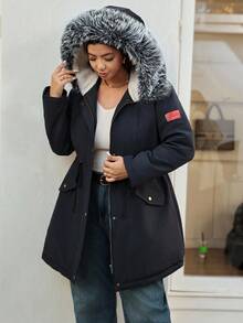 Vionelle Franclia 女式前拉链长袖仿皮草拼接简约休闲连帽冬季派克大衣 - 黑色 - 查看 9